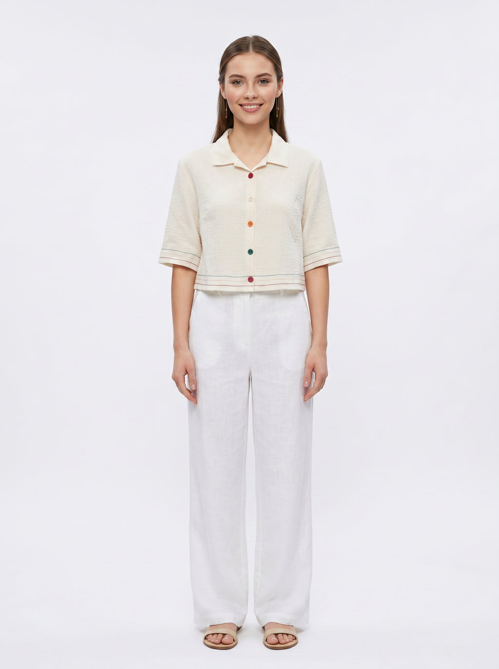 Folk Shirt | Cream Camp-Collar Rainbow Topstitch