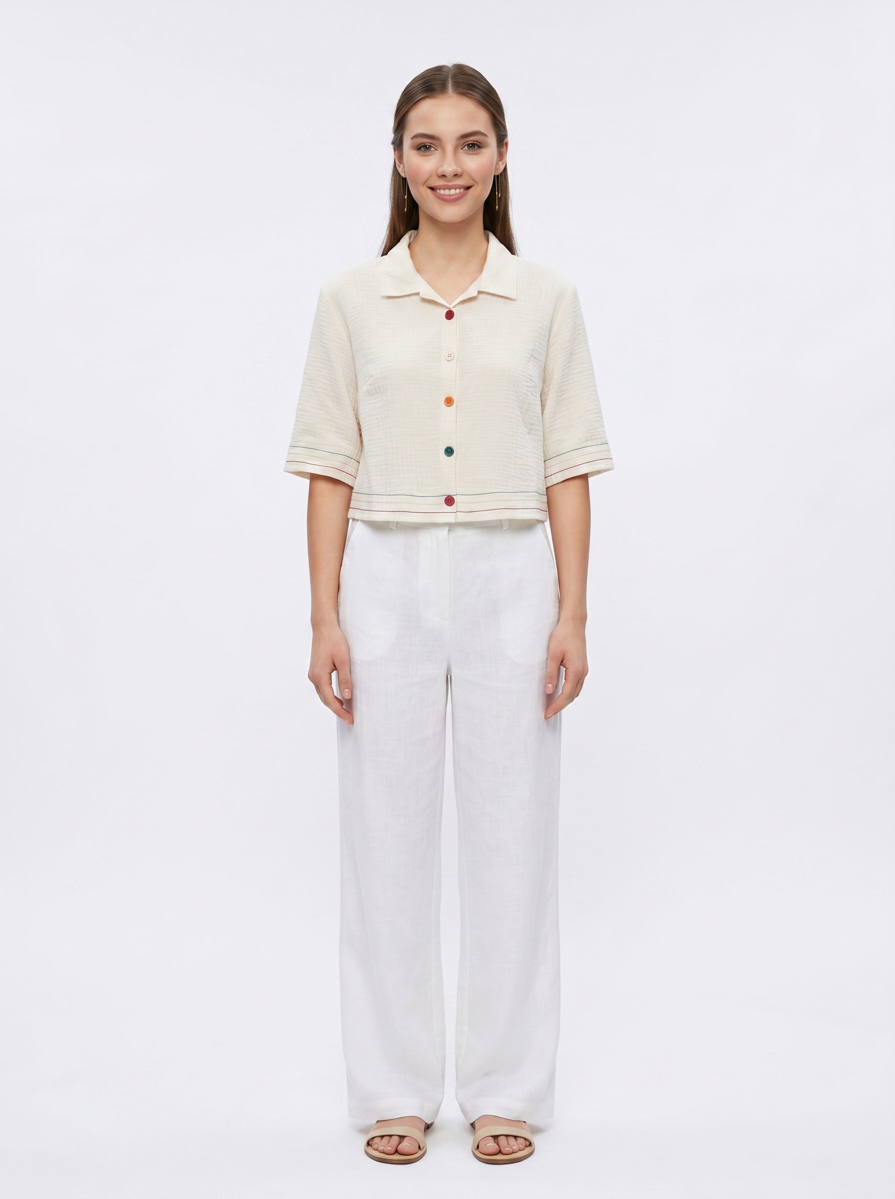Folk Shirt | Cream Camp-Collar Rainbow Topstitch