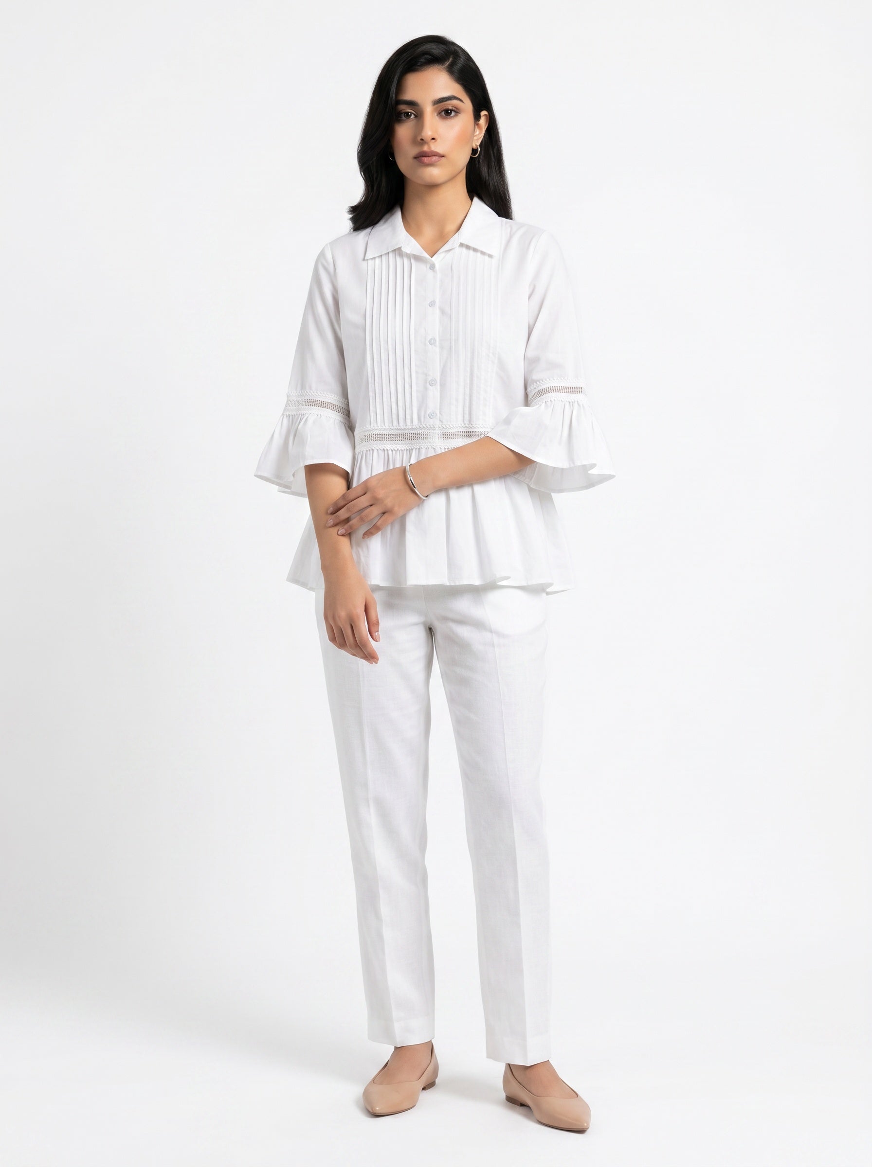 Elowen Blouse | White Pintuck Lace Peplum