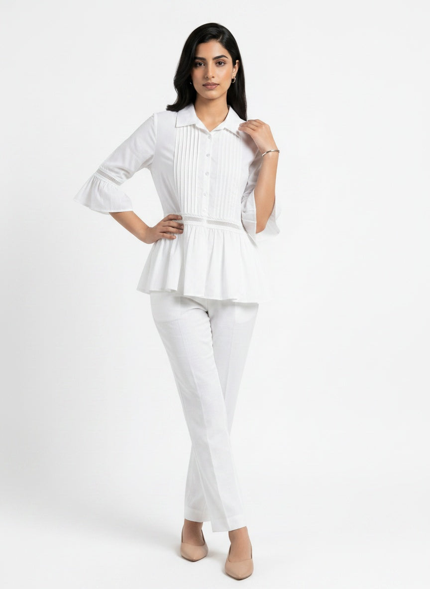 Elowen Blouse | White Pintuck Lace Peplum