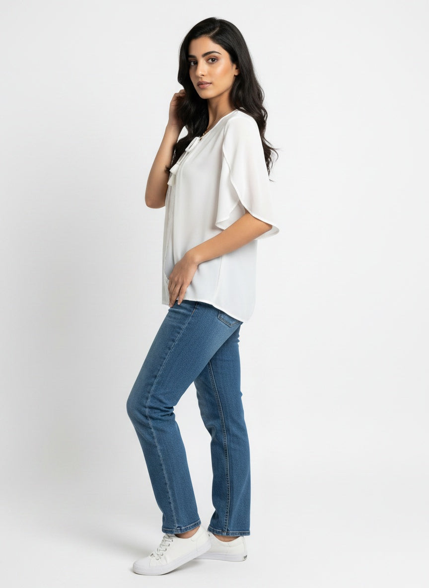 Seren Top | Ivory Chiffon Tie-Neck