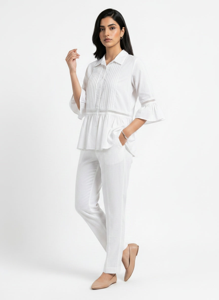 Elowen Blouse | White Pintuck Lace Peplum