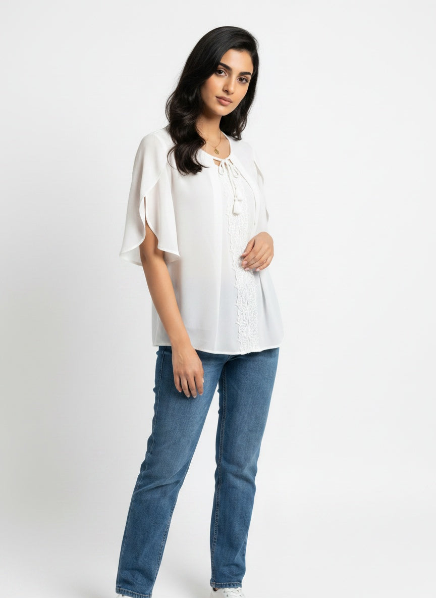 Seren Top | Ivory Chiffon Tie-Neck