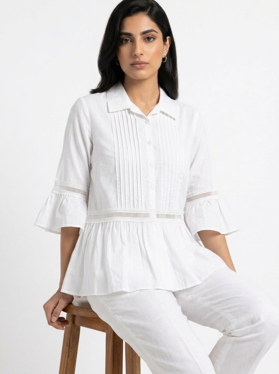 Elowen Blouse | White Pintuck Lace Peplum