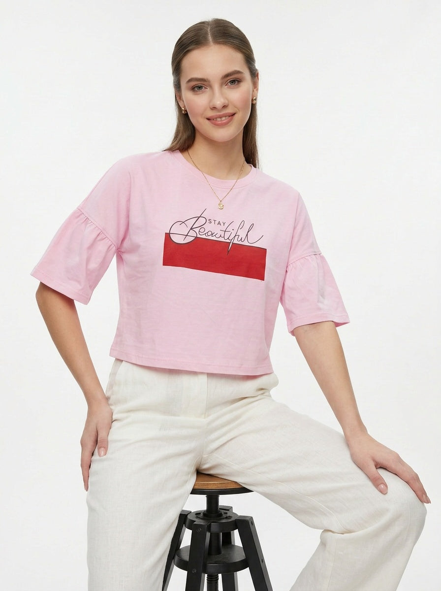 Vale Tee | Stay Beautiful Slogan Pink
