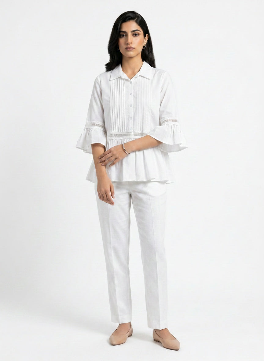 Elowen Blouse | White Pintuck Lace Peplum