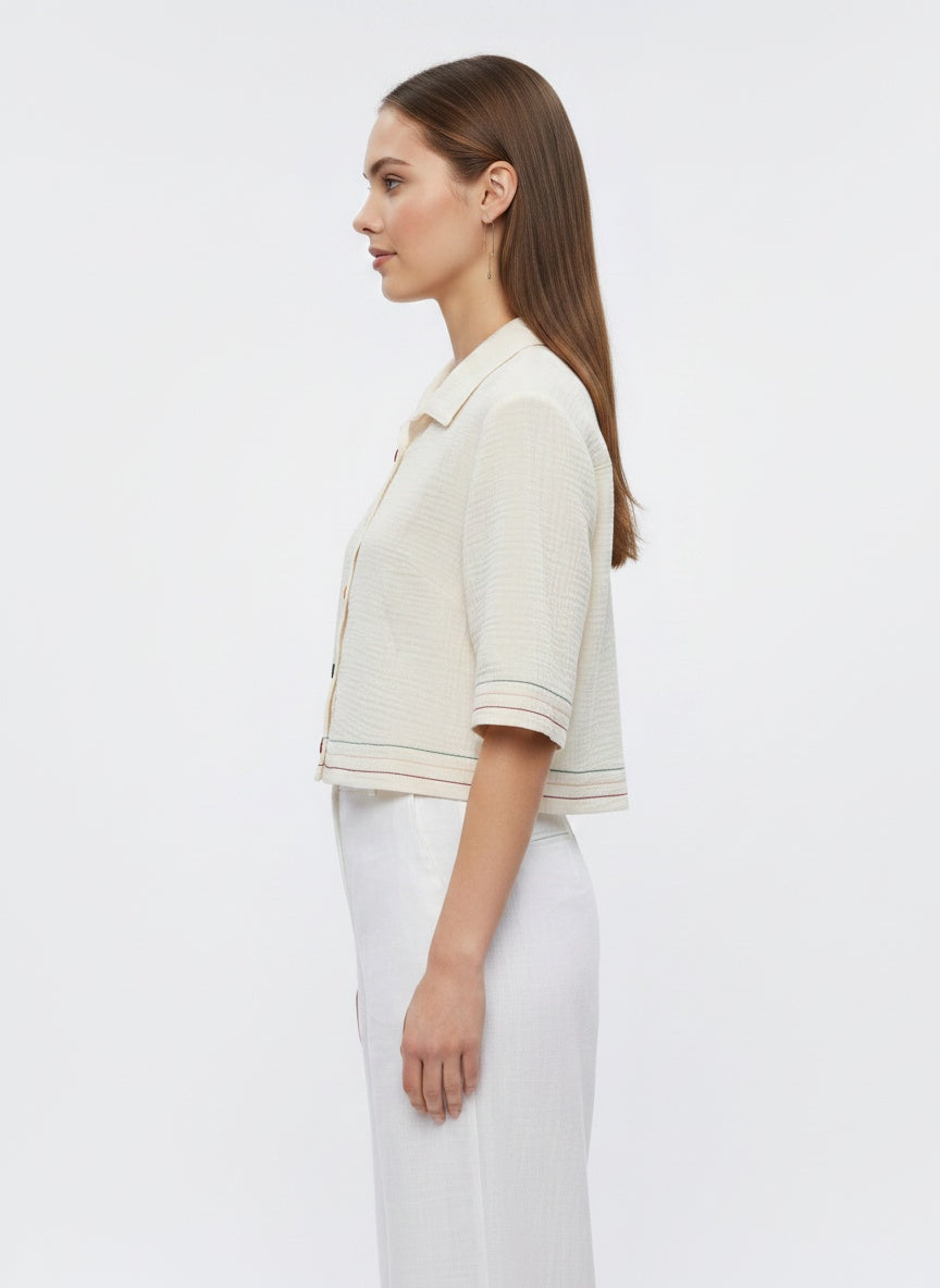 Folk Shirt | Cream Camp-Collar Rainbow Topstitch