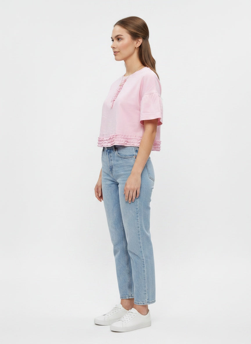 Posy Tee | Pink Ruffle Trim