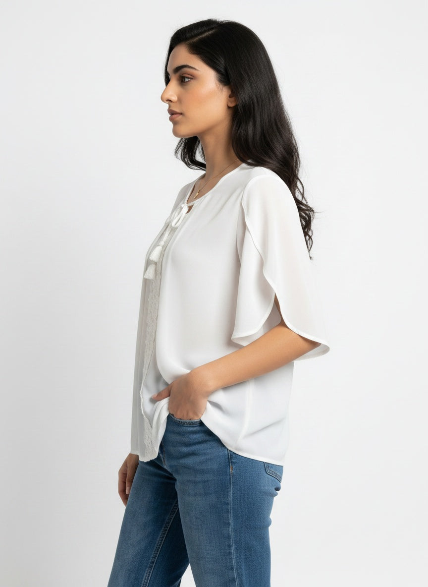 Seren Top | Ivory Chiffon Tie-Neck