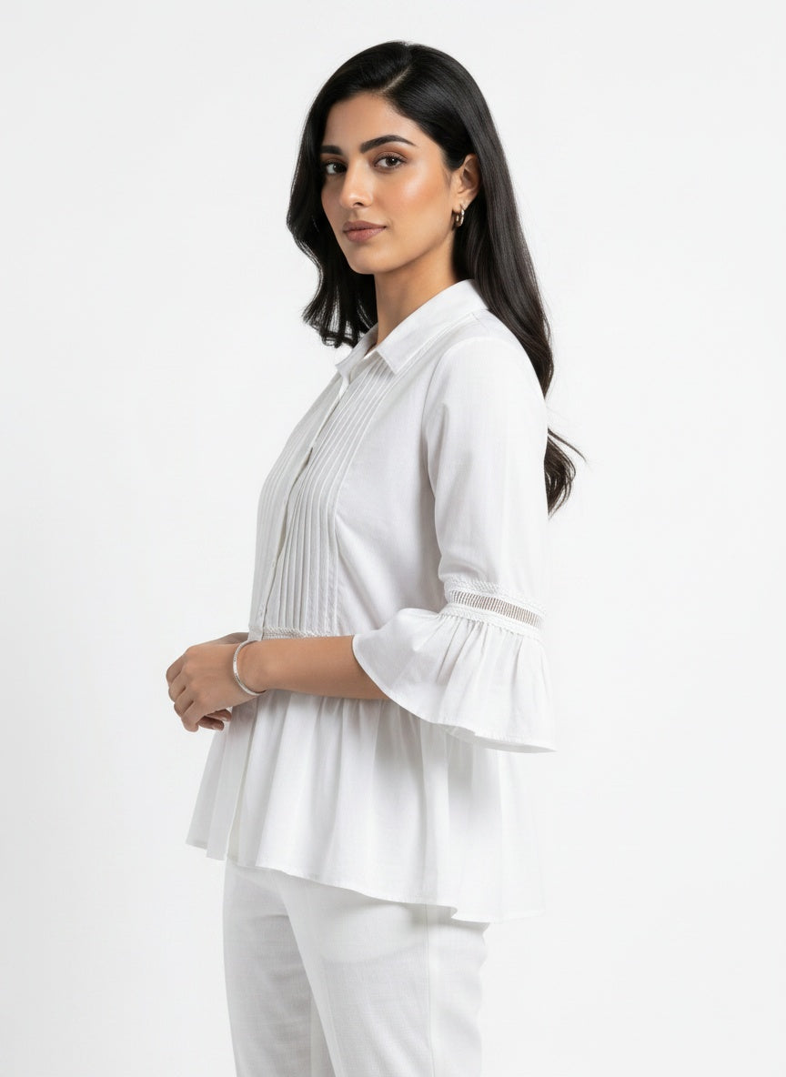 Elowen Blouse | White Pintuck Lace Peplum