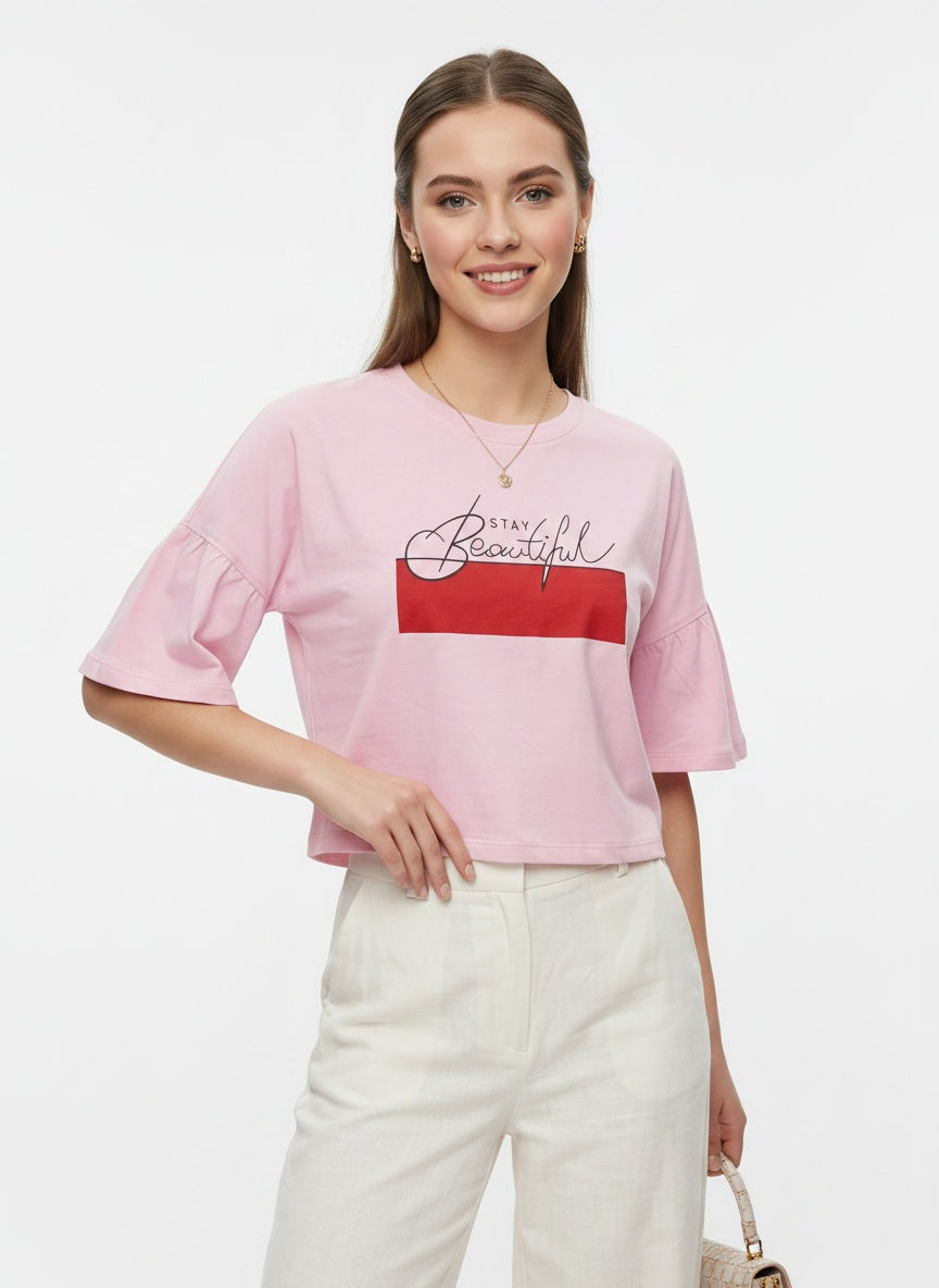Vale Tee | Stay Beautiful Slogan Pink